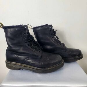 Dr. Martens Serena 9 Eye Black Genuine Leather Combat Boot Black Faux Fur Lined